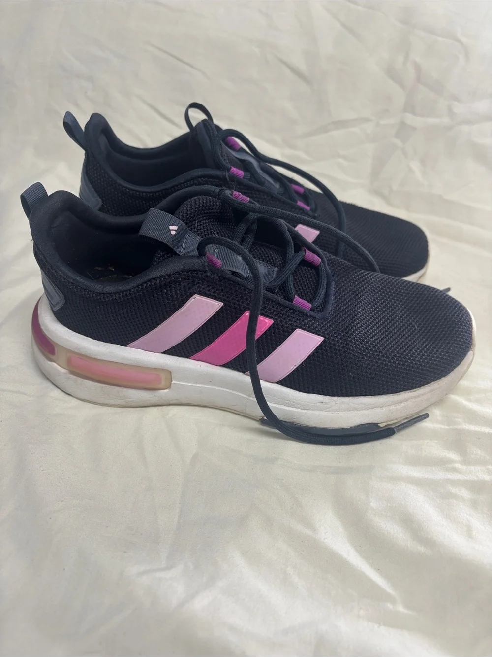 adidas Kids Black Sneakers with Pink Stripe Accents